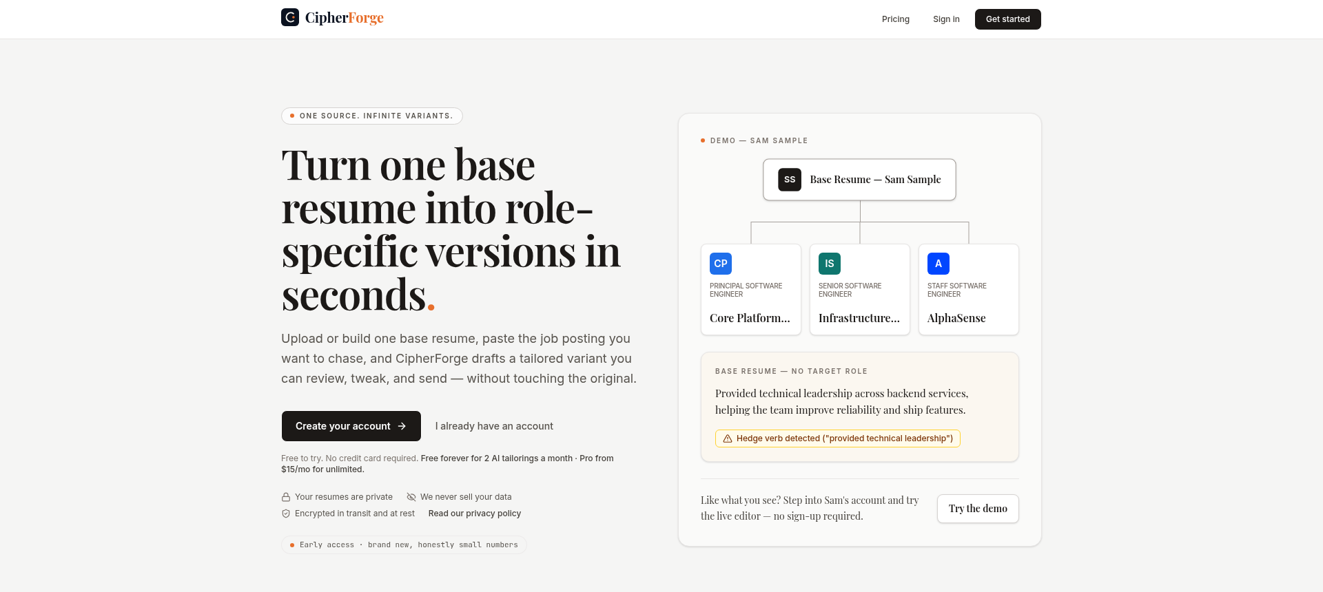 CipherForge app turning one base resume into role-specific tailored versions